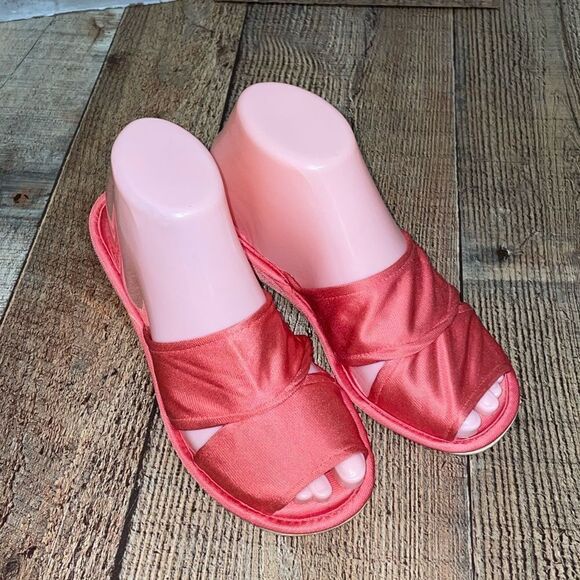 Vanity Fair Vintage Nylon Satin Peep Toe Slippers 5/6 Coral Boudoir - Picture 9 of 9
